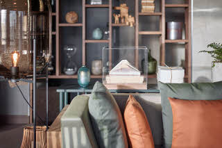 The Nest, couch and book shelf