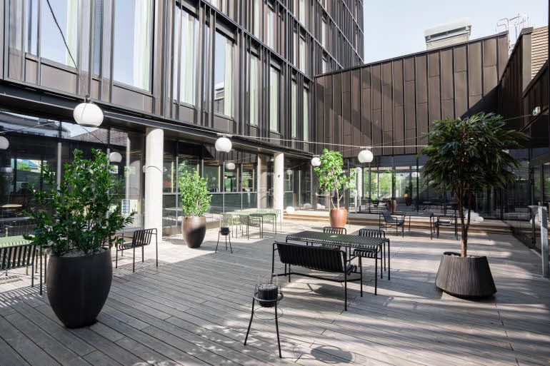 View over atrium restaurant seating at Scandic Hamar